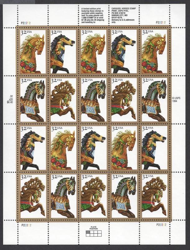 Carousel Horses 1994 32¢ 2976 - 2979 Sheet of 20 32¢ Stamps MNH