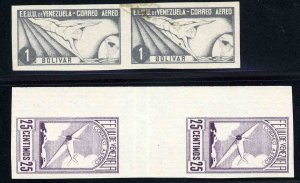 Venezuela #C50,54var, 1937 25c and 1b, imperf. pairs, the former vert. gutter...