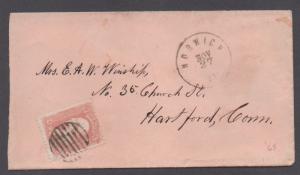 **US 19th Cent Cover SC# 65, Norwich, VT, 11/27 CDS, Nice Grid Cxl, Pink Cover