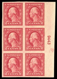 United States, 1910-30 #482 Cat$30, 1911 2c carmine, plate block of six, hinged