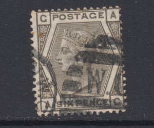 Great Britain Sc 62 used. 1873 6p gray QV, Plate 16, grid cancel, sound, Fine