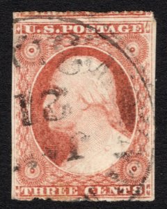 Used 1855 3c Imperf Washington Type I w/Faint CDS Cancel, Scott #11