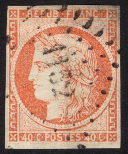 France 1850 40c Orange on yellowish Ceres Type 1 Scott 7 FU Cat $360