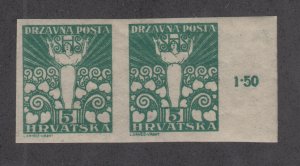 Yugoslavia Sc 2L34 Mi 90U, MLH 1919 5f Croatia-Slavonia imperf sheet margin pair