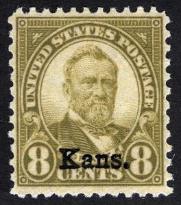 US Sc 666 Olive 8¢ Kans. Overprint Original Gum Very Light Hinge