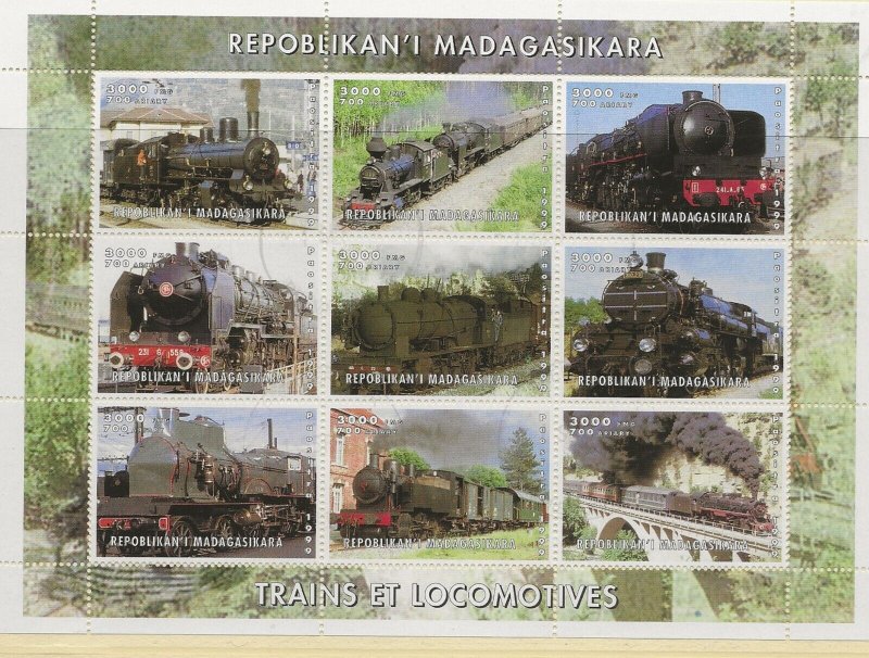 thematic stamps Trains  Madagascar 1999 sheet of 9 used