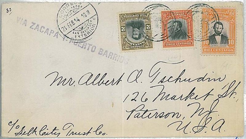 POSTAL HISTORY : EL SALVADOR - COVER to USA 1914 VIA ZACAPA Y PUERTO BARRIOS