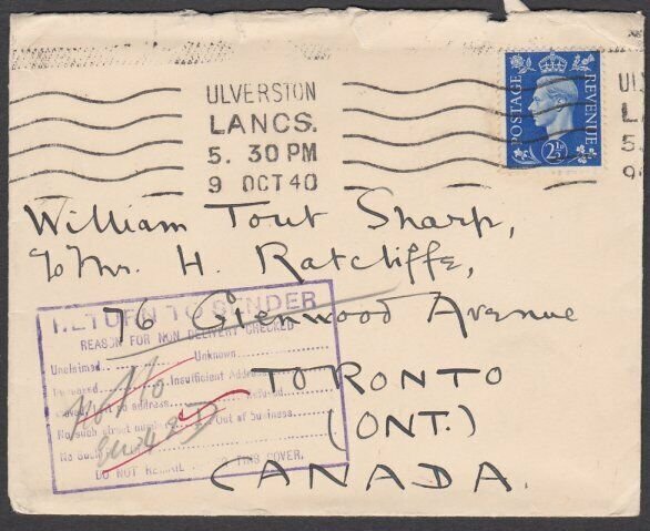 GB TO CANADA 1940 cover to Toronto returned to sender.......................T267