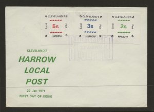 GB 1971 Postal strike,Clevelands Harrow 3 value cover