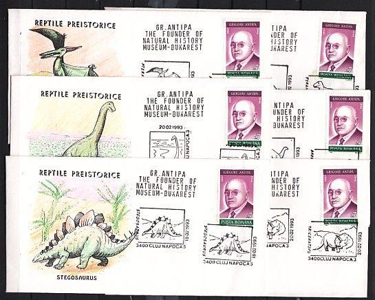 Romania, 1993 issue. 18-20/FEB/93. Prehistoric Reptile Cancels, 6 Cachet Covers.