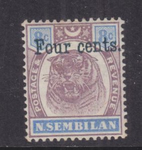 NEGRI SEMBILAN, 1898 Tiger, Four cents on 8c. Purple & Ultramarine, heavy hinged