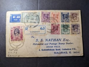 1918 Registered Burma Airmail Cover Rangoon to Madras India