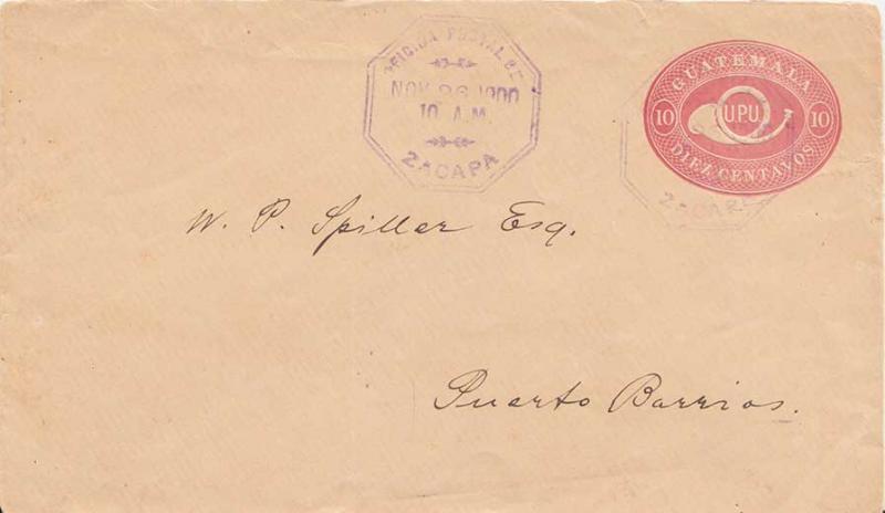 Guatemala 10c Posthorn Envelope 1900 Oficina Postal de Zacapa to Puerto Barrios.