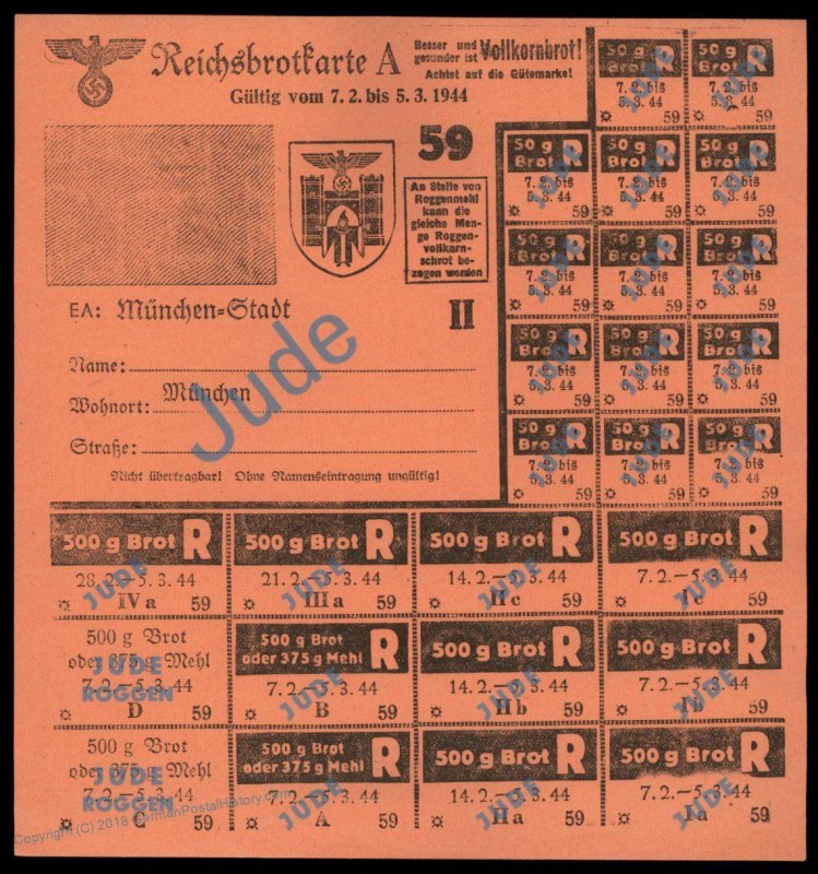 3rd Reich Germany 1944 Munich Bread Ration Card for Jewish Person 96254