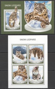 HM1548 2018 SIERRA LEONE SNOW LEOPARDS WILD CATS ANIMALS #10076-9+BL1524 MNH