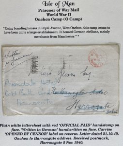 1940 Isle Of Man England Prisoner War POW Onchon Camp Letter Cover To Harrogate