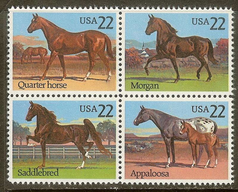 Scott #2158a, 22c Horses, Block of 4, MNH