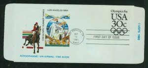 US 1983 Farnam First Day Cover, 30c Los Angeles Olympics Aerogramme, Scott UC57