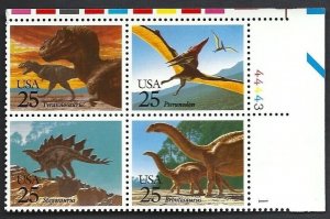 1989 Prehistoric Animals Plate Block Of 4 25c Stamps, Sc# 2422-2425, MNH, OG