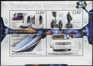 Burundi 2012 MNH Sc #1265 Sheet of 4 Electric Cars, Trains, Vehicles