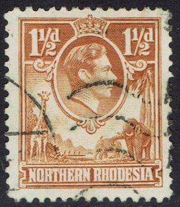 NORTHERN RHODESIA 1938 KGVI GIRAFFE AND ELEPHANTS 1½D TICK BIRD FLAW USED