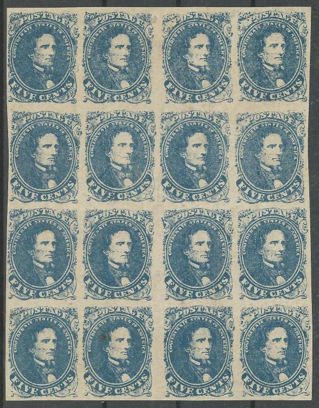 CSA Scott #4 Stone 2 Mint NG Vertical Gutter Block of 16 Confederate Stamps