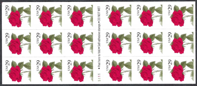 United States 2490a 29¢ Red Rose (1993). Pane of 18. MNH