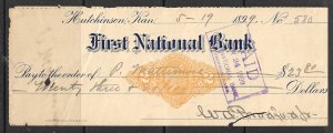 US 1899 2c Revenue Paper First National Bank Hutchinson Kansas Sc RN-X7