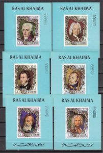 Ras al Khaima, Mi cat. 586-591 C. Classical Composers issue. Deluxe s/sheets. ^