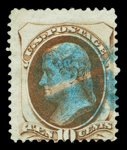 Scott 161 10c Brown Jefferson Used Avg-Fine Blue Cork Cancel Cat $25