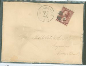 US 210 1883 Massachusetts, early use?, cork duplex killer - Wilbraham 17 December to Connecticut. Stamp issued 1 October-early u