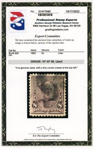 US Stamp #225 William T Sherman 8c - PSE Cert - VF-XF 85 - Used - SMQ $45.00