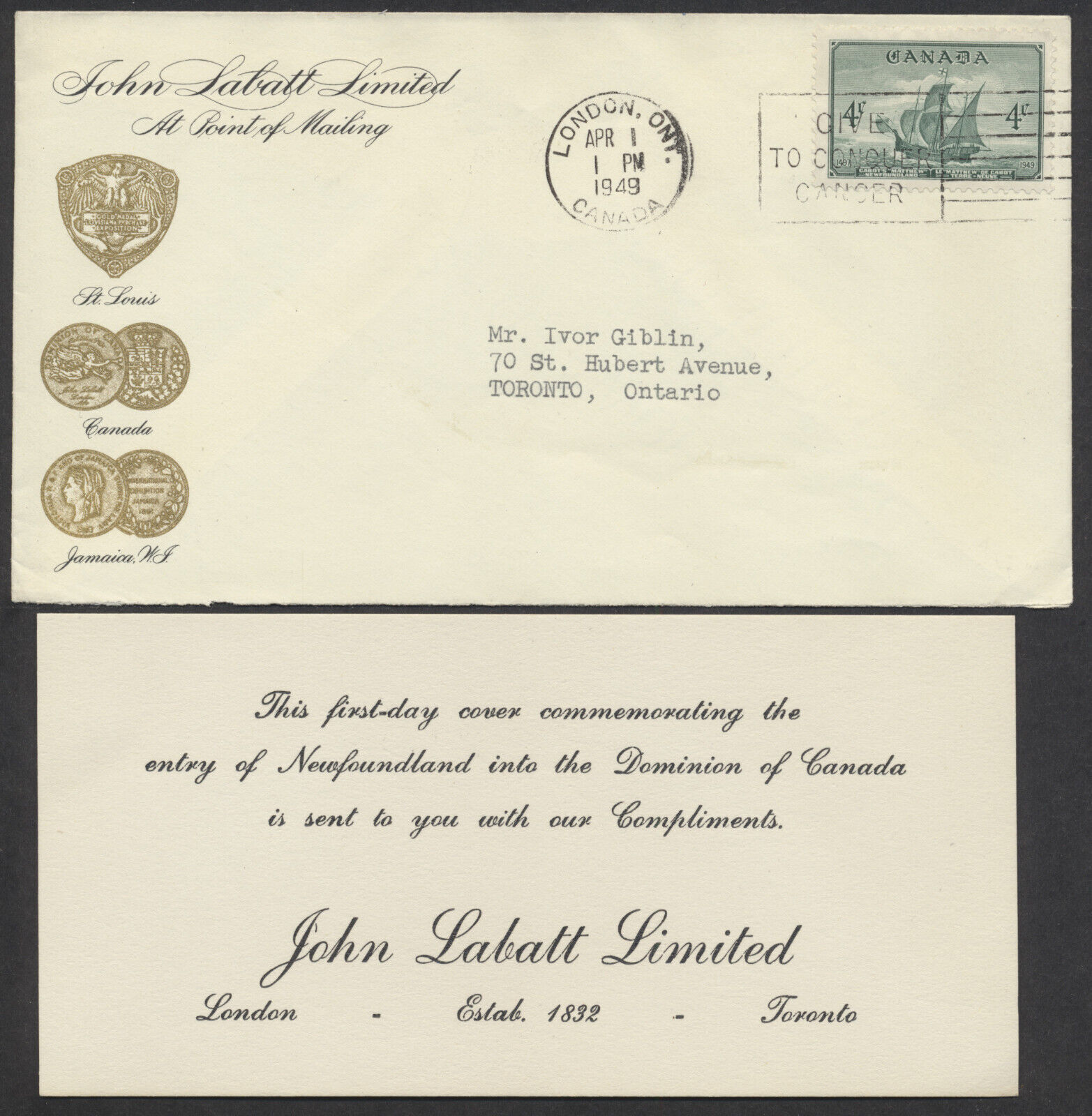 1949 #282 Newfoundland FDC John Labatt Cachet with Insert London ONT ...