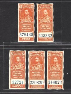 Canada 1930s King George V, Old Revenue (5v to $10, Orange) MNH