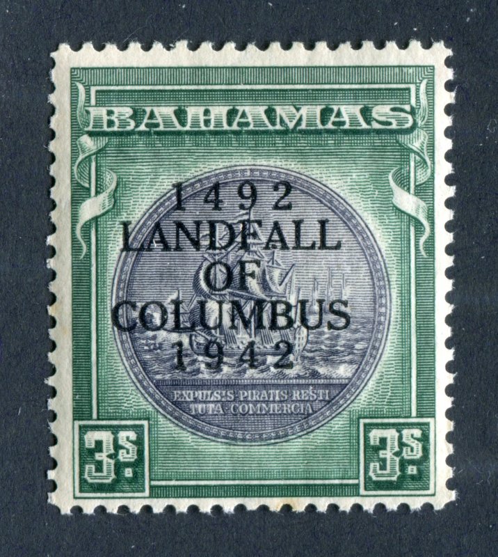 Bahamas 1942. Columbus. 3s slate purple & myrtle green. Mint. LH. SG173.