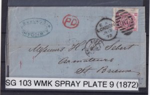 GREAT BRITAIN SG 103 PLATE 9 WMK SPRAY(1872) LONDON- FRANCE??