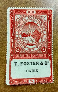 EGYPT REVENUE TOBACCO Tax Stamp  Cairo 100 cigarettes T. FOSTER & Co