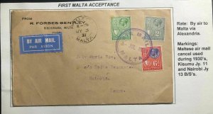 1931 Malta First Acceptance Airmail Cover FFC To Nairobi Kenya Via Alexandria