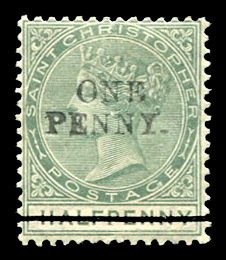 St. Christopher #21 (SG 26) Cat£50, 1887 1p on 1/2p green, hinged, handstamp...