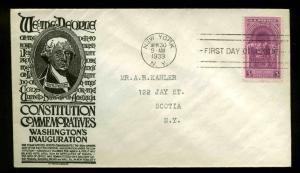 854 WASHINGTON INAUGURATION FDC NEW YORK, NY PLANTY P38 C. S. ANDERSON CACHET