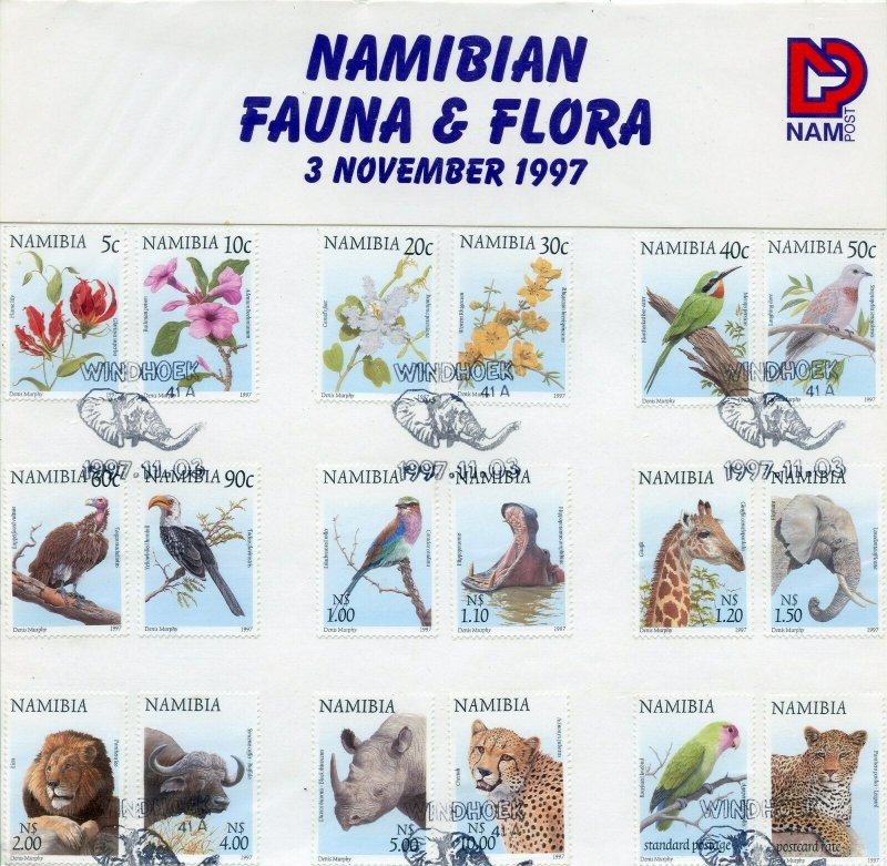 NAMIBIA  1997 FAUNA AND FLORA SET ON FIRST DAY CANCELLED CARD 