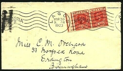 NIGERIA 1923 cover with Lagos continuous machine cancel to UK..............98386