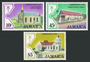 Jamaica 520-522,522a sheet,MNH.Michel 524-526,Bl.19. Christmas 1981.Churches,Map