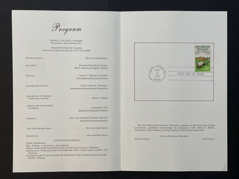 1974 First KY Settlement Fort Harrod 10-Cent First Day Ceremony Program Sc# 1542