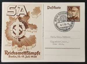 GERMAN THIRD 3rd REICH ORIGINAL POSTAL CARD 1938 BERLIN SA GAMES SPECIAL CANCEL