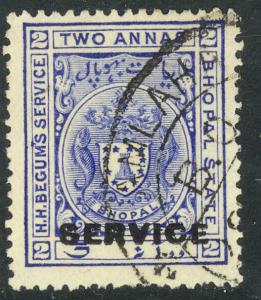 INDIA IFS BHOPAL 1908 2a Blue OFFICIAL Scott No. O3 VFU