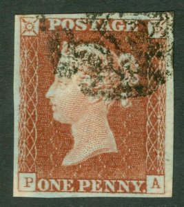 SG 8 1d red-brown plate 37 lettered PA. Very fine used Maltese cross. 4 margins