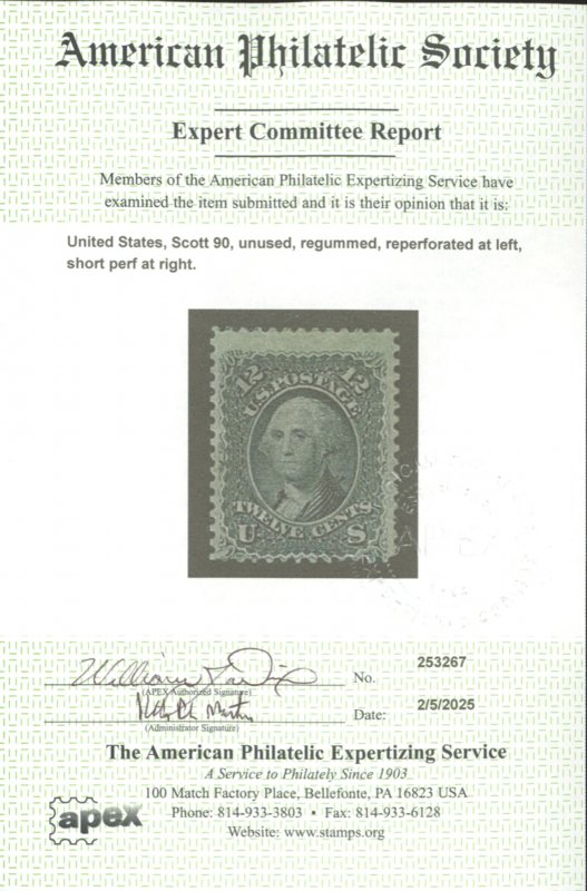 U.S. #90 UNUSED WITH APS CERT