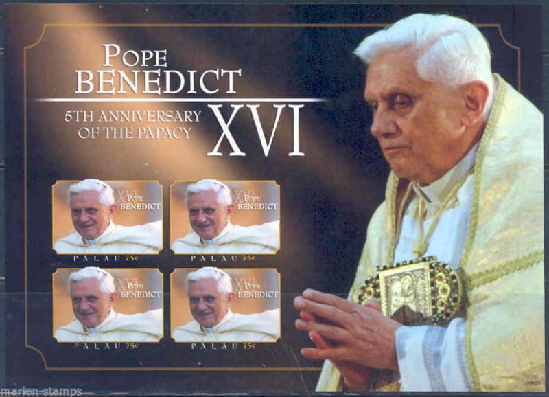 PALAU   POPE BENEDICT XVI IMPERFORATED SHEET 5th PONTIFICATION ANNIVERSARY  NH