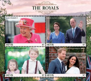 Nevis 2017- The Royals- Queen Elizabeth William Kate Harry Meghan-Sheet of 4-MNH